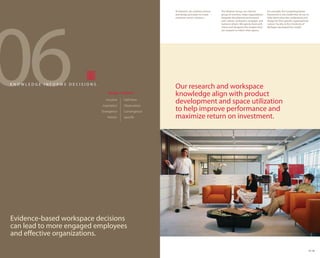 06
                                                           At Haworth, we combine science    The Ideation Group, our internal           For example, the Competing Values
                                                           and design principles to create   group of scientists, helps organizations   framework is one model that we use to
                                                           customer-centric solutions.       integrate the physical environment         help clients describe, understand and
                                                                                             with culture, workstyles, strategies and   design for their specific organizational
                                                                                             business drivers. We openly share with     culture. Faculty at the University of
                                                                                             clients and designers the insights from    Michigan developed the model.
                                                                                             our research to inform their spaces.




KNOWLEDGE INFORMS DECISIONS.
                                                           Our research and workspace
                                   Design + Science
                                                           knowledge align with product
                                 Intuitive
                               Inspiration
                                             Definitive
                                             Observation
                                                           development and space utilization
                               Divergence    Convergence   to help improve performance and
                                  Holistic   Specific      maximize return on investment.




Evidence-based workspace decisions
can lead to more engaged employees
and effective organizations.

                                                                                                                                                                               15 16
 