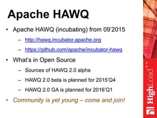 Apache HAWQ
• Apache HAWQ (incubating) from 09’2015
– http://hawq.incubator.apache.org
– https://github.com/apache/incubator-hawq
• What’s in Open Source
– Sources of HAWQ 2.0 alpha
– HAWQ 2.0 beta is planned for 2015’Q4
– HAWQ 2.0 GA is planned for 2016’Q1
• Community is yet young – come and join!
 