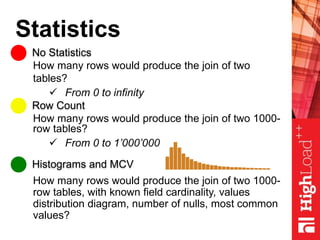 Statistics
No Statistics
Row Count
Histograms and MCV
How many rows would produce the join of two
tables?
 From 0 to infinity
How many rows would produce the join of two 1000-
row tables?
 From 0 to 1’000’000
How many rows would produce the join of two 1000-
row tables, with known field cardinality, values
distribution diagram, number of nulls, most common
values?
 