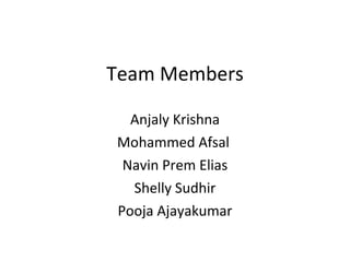 Team Members Anjaly Krishna Mohammed Afsal  Navin Prem Elias Shelly Sudhir Pooja Ajayakumar 
