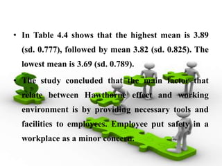 • In Table 4.4 shows that the highest mean is 3.89
  (sd. 0.777), followed by mean 3.82 (sd. 0.825). The
  lowest mean is 3.69 (sd. 0.789).
• The study concluded that the main factor that
  relate between Hawthorne effect and working
  environment is by providing necessary tools and
  facilities to employees. Employee put safety in a
  workplace as a minor concern.
 