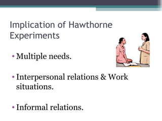 Implication of Hawthorne Experiments Multiple needs. Interpersonal relations & Work situations. Informal relations. 
