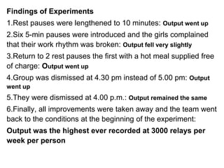 Findings of Experiments
1.Rest pauses were lengthened to 10 minutes: Output went up
2.Six 5-min pauses were introduced and the girls complained
that their work rhythm was broken: Output fell very slightly
3.Return to 2 rest pauses the first with a hot meal supplied free
of charge: Output went up
4.Group was dismissed at 4.30 pm instead of 5.00 pm: Output
went up
5.They were dismissed at 4.00 p.m.: Output remained the same
6.Finally, all improvements were taken away and the team went
back to the conditions at the beginning of the experiment:
Output was the highest ever recorded at 3000 relays per
week per person
 