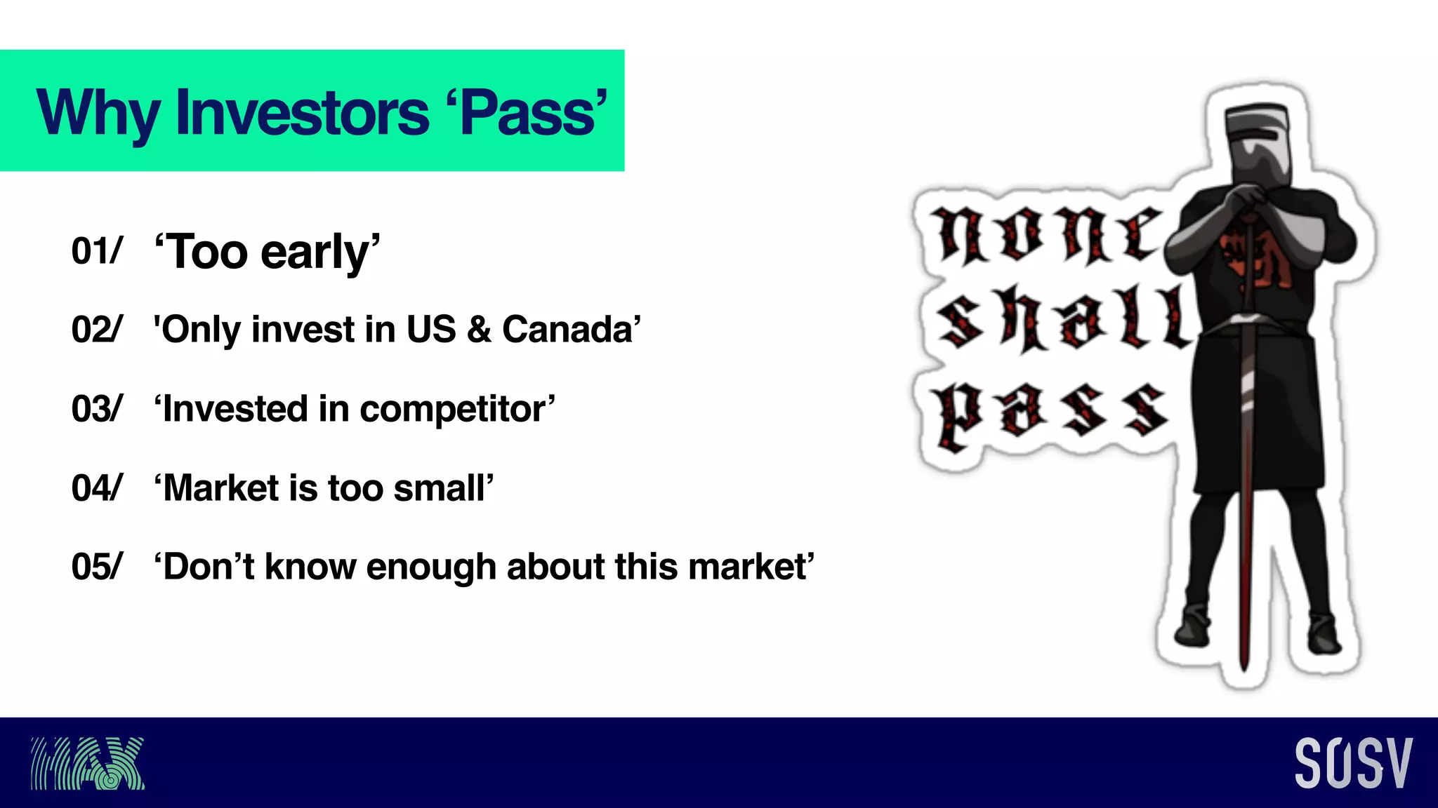Why Investors ‘Pass’
'Only invest in US & Canada’
‘Invested in competitor’
‘Don’t know enough about this market’
02/
03/
05/
‘Too early’01/
‘Market is too small’04/
 