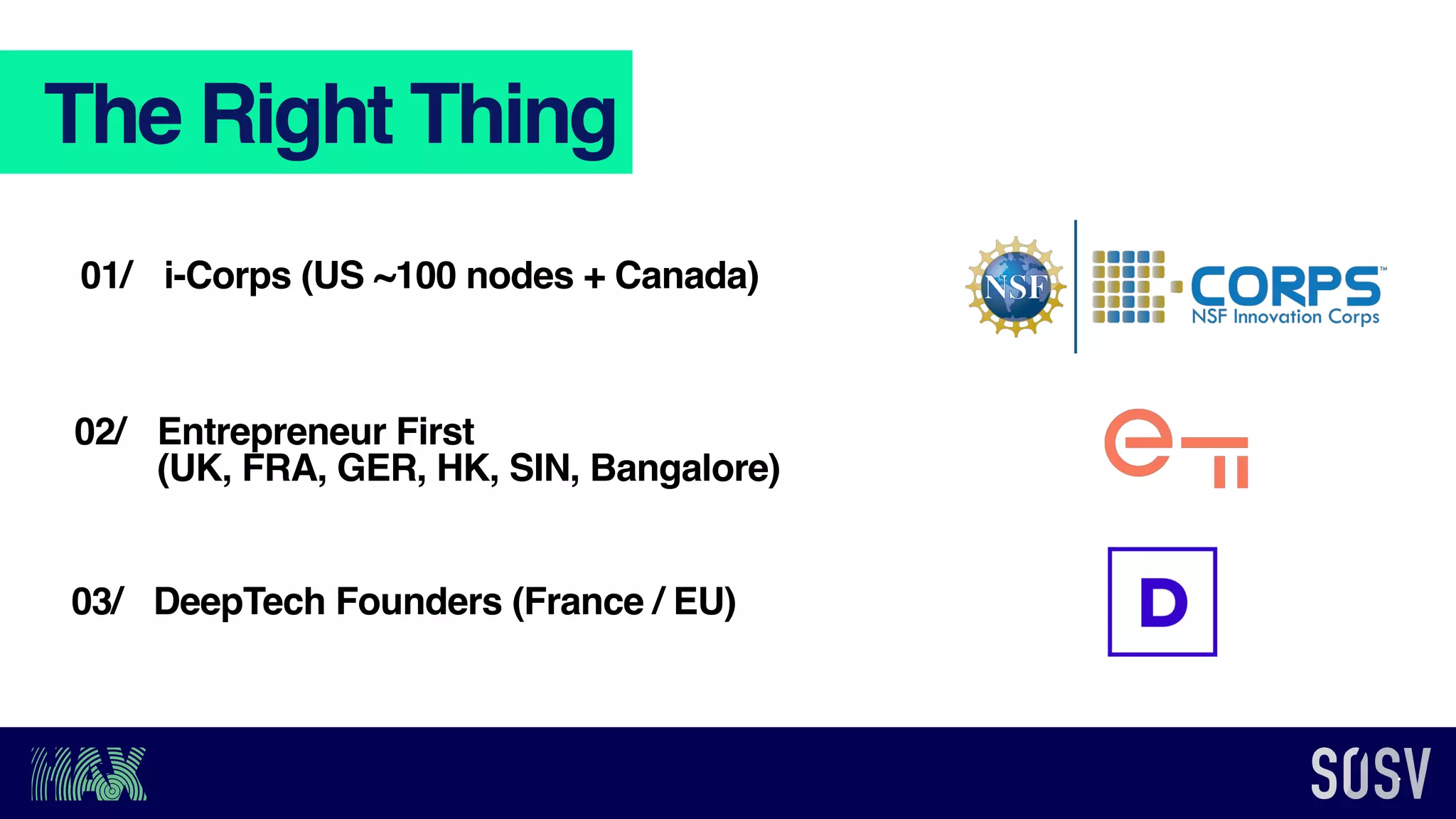 i-Corps (US ~100 nodes + Canada)
The Right Thing
Entrepreneur First
(UK, FRA, GER, HK, SIN, Bangalore)
01/
02/
DeepTech Founders (France / EU)03/
 