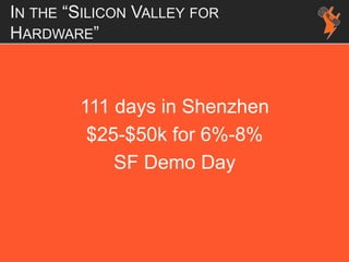 IN THE “SILICON VALLEY FOR
HARDWARE”
111 days in Shenzhen
$25-$50k for 6%-8%
SF Demo Day
 