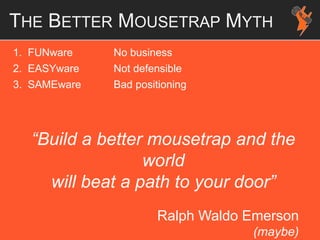 THE BETTER MOUSETRAP MYTH
1. FUNware No business
2. EASYware Not defensible
3. SAMEware Bad positioning
“Build a better mousetrap and the
world
will beat a path to your door”
Ralph Waldo Emerson
(maybe)
 