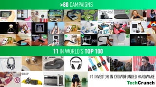 >80 CAMPAIGNS
11 IN WORLD’S TOP 100
#1 INVESTOR IN CROWDFUNDED HARDWARE
 