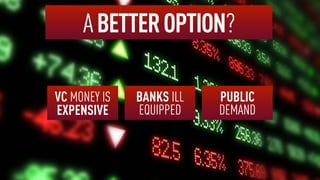 ABETTEROPTION?
VC MONEY IS
EXPENSIVE
BANKS ILL
EQUIPPED
PUBLIC
DEMAND
 