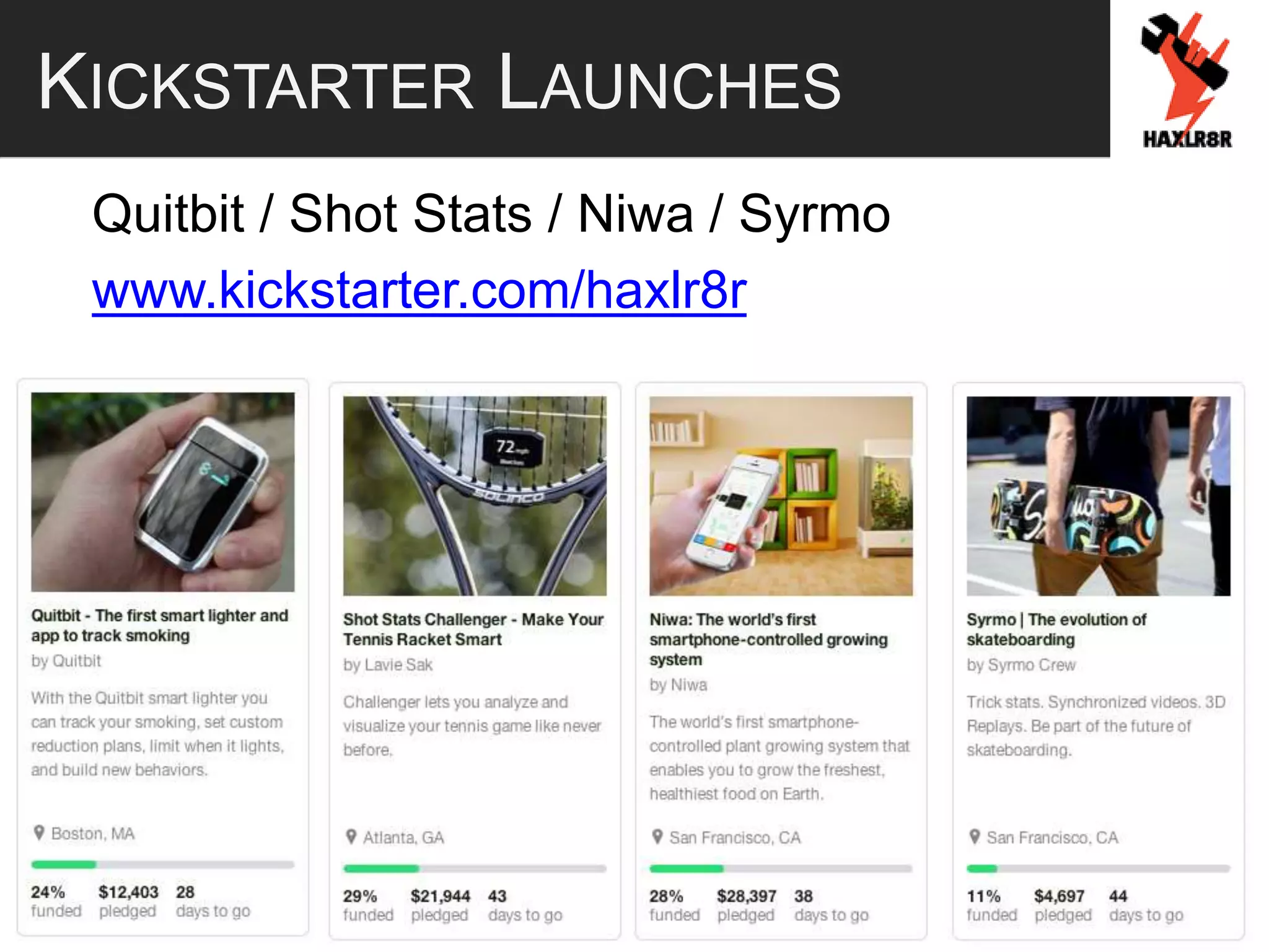KICKSTARTER LAUNCHES
Quitbit / Shot Stats / Niwa / Syrmo
www.kickstarter.com/haxlr8r
 