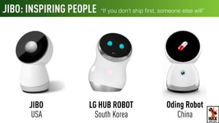 USA South Korea China
JIBO LG HUB ROBOT Oding Robot
JIBO: INSPIRING PEOPLE “If you don’t ship ﬁrst, someone else will”
WHAT’S NEXT
 