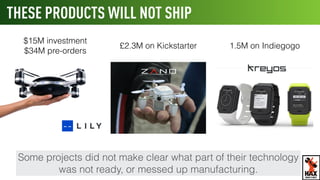 THESE PRODUCTS WILL NOT SHIP
Some projects did not make clear what part of their technology
was not ready, or messed up manufacturing.
$15M investment
$34M pre-orders
£2.3M on Kickstarter 1.5M on Indiegogo
WHAT’S NEXT
 