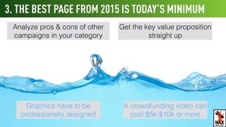 3. THE BEST PAGE FROM 2015 IS TODAY’S MINIMUM
A crowdfunding video can
cost $5k-$10k or more
Graphics have to be
professionally designed
Get the key value proposition
straight up
Analyze pros & cons of other
campaigns in your category
WHAT’S NEXT
 