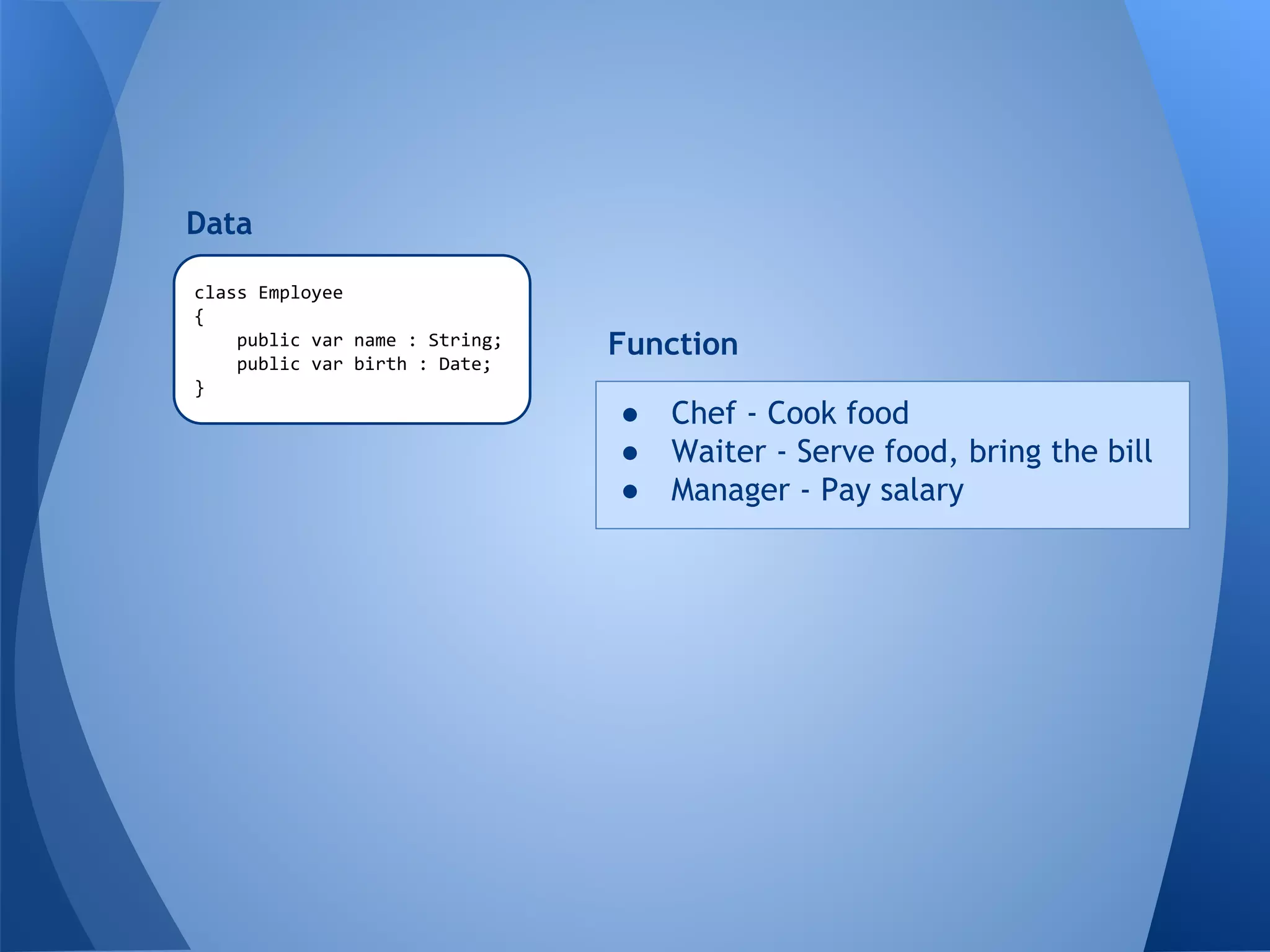 class Employee
{
public var name : String;
public var birth : Date;
}
● Chef - Cook food
● Waiter - Serve food, bring the bill
● Manager - Pay salary
Data
Function
 