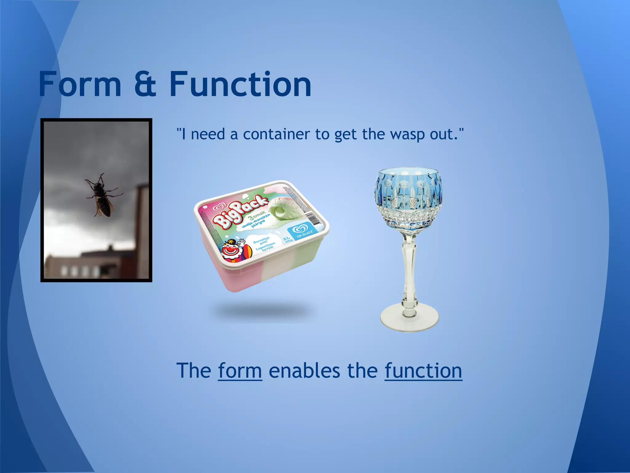 "I need a container to get the wasp out."
Form & Function
The form enables the function
 