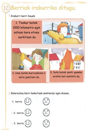 Berriak irakurriko ditugu.
1. Txakur batek
1000 kilometro egin
ostean bere etxea
aurkitzen du
2. Ume batek marrazketan 1
zaria jasotzen du.
3. Sute batek zentr guneko
eraikin bat suntsitu du.
Irakurri berri hauek.
Koloreztau berri bakoitzak sentiarazi egin dizuna.
1. berria
3. berria
2. berria
 