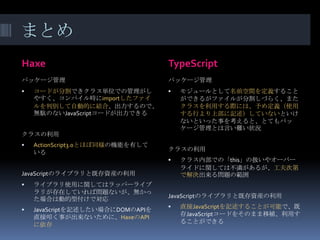 まとめ
Haxe TypeScript
パッケージ管理
 コードが分割できクラス単位での管理がし
やすく、コンパイル時にimportしたファイ
ルを判別して自動的に結合、出力するので、
無駄のないJavaScriptコードが出力できる
クラスの利用
 ActionScript3.0とほぼ同様の機能を有して
いる
JavaScriptのライブラリと既存資産の利用
 ライブラリ使用に関してはラッパーライブ
ラリが存在していれば問題ないが、無かっ
た場合は動的型付けで対応
 JavaScriptを記述したい場合にDOMのAPIを
直接叩く事が出来ないために、HaxeのAPI
に依存
パッケージ管理
 モジュールとして名前空間を定義すること
ができるがファイルが分割しづらく、また
クラスを利用する際には、予め定義（使用
する行より上部に記述）していないといけ
ないといった事を考えると、とてもパッ
ケージ管理とは言い難い状況
クラスの利用
 クラス内部での「this」の扱いやオーバー
ライドに関しては不満があるが、工夫次第
で解決出来る問題の範囲
JavaScriptのライブラリと既存資産の利用
 直接JavaScriptを記述することが可能で、既
存JavaScriptコードをそのまま移植、利用す
ることができる
 