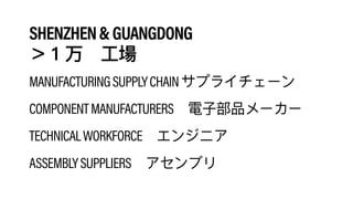 SHENZHEN&GUANGDONG 
MANUFACTURING SUPPLYCHAIN
COMPONENTMANUFACTURERS
TECHNICALWORKFORCE
ASSEMBLYSUPPLIERS
 