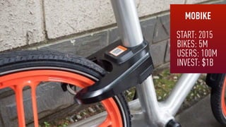 MOBIKE
START: 2015
BIKES: 5M
USERS: 100M
INVEST: $1B
 