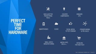 HAX | HARDWARE TRENDS 2017 | PAGE 20
PERFECT 
TIME
FOR
HARDWARE
CHEAPER  
COMPONENTS
ONBOARD 
CPU
RETAILERS 
FOR HIGH-TECH
SMALL BATCH 
MANUFACTURING  
MICRO-CAPS, 
REG A+…
CLOUD CROWDFUNDING 
& PRE-SALES
SOCIAL MEDIA 
TO TEST DEMAND
SMARTPHONES
NEW & BETTER 
PROTOTYPING 
TOOLS
 