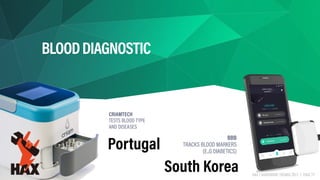 HAX | HARDWARE TRENDS 2017 | PAGE 77
BLOODDIAGNOSTIC 
CRIAMTECH 
TESTS BLOOD TYPE 
AND DISEASES
BBB
TRACKS BLOOD MARKERS
(E..G DIABETICS)
South Korea
Portugal
 