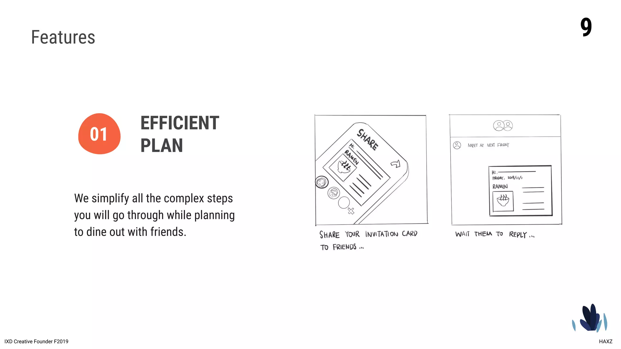 9
IXD Creative Founder F2019 HAXZ
01
Features
We simplify all the complex steps
you will go through while planning
to dine out with friends.
EFFICIENT
PLAN
 