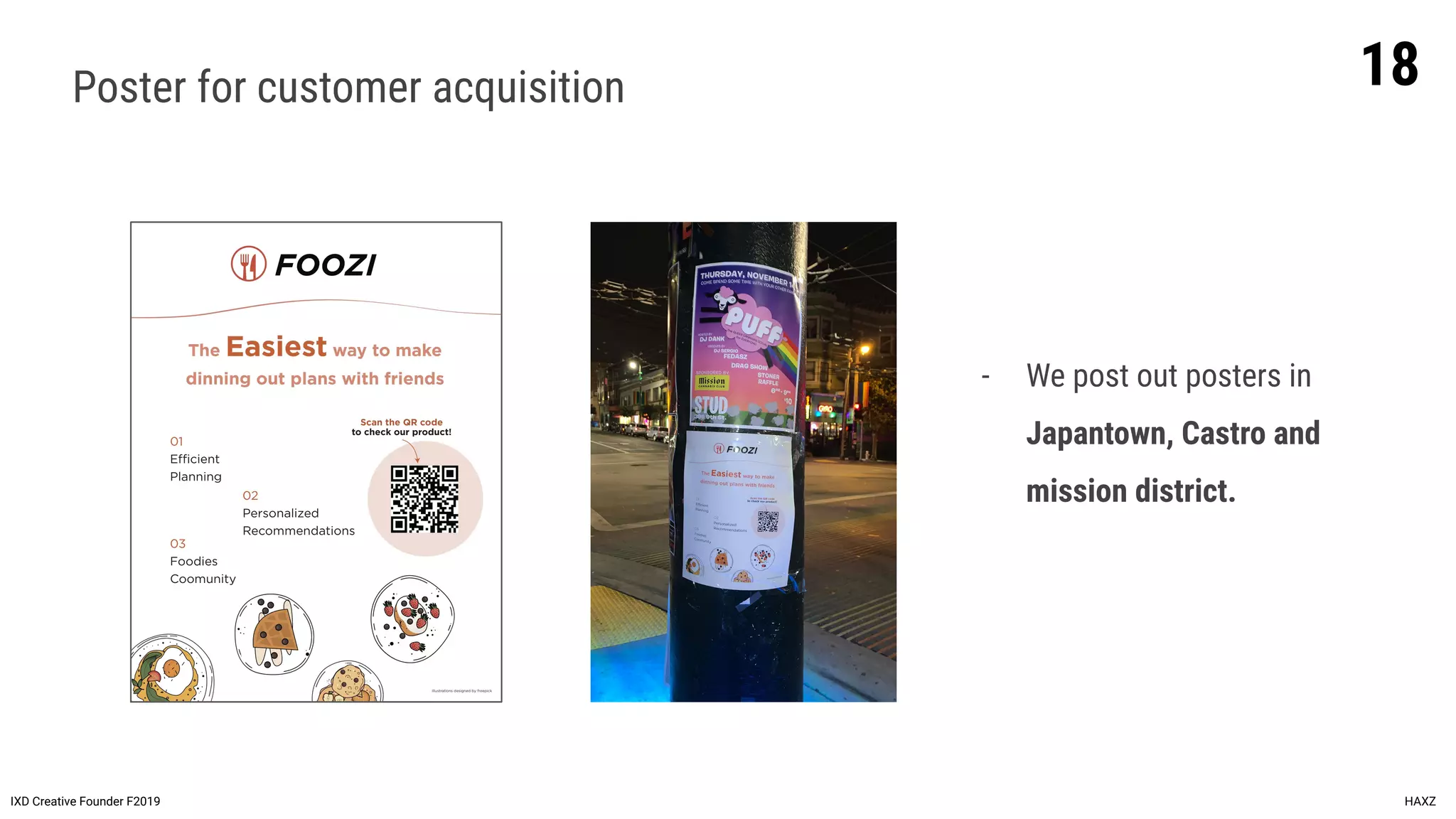 IXD Creative Founder F2019 HAXZ
Poster for customer acquisition
- We post out posters in
Japantown, Castro and
mission district.
18
 