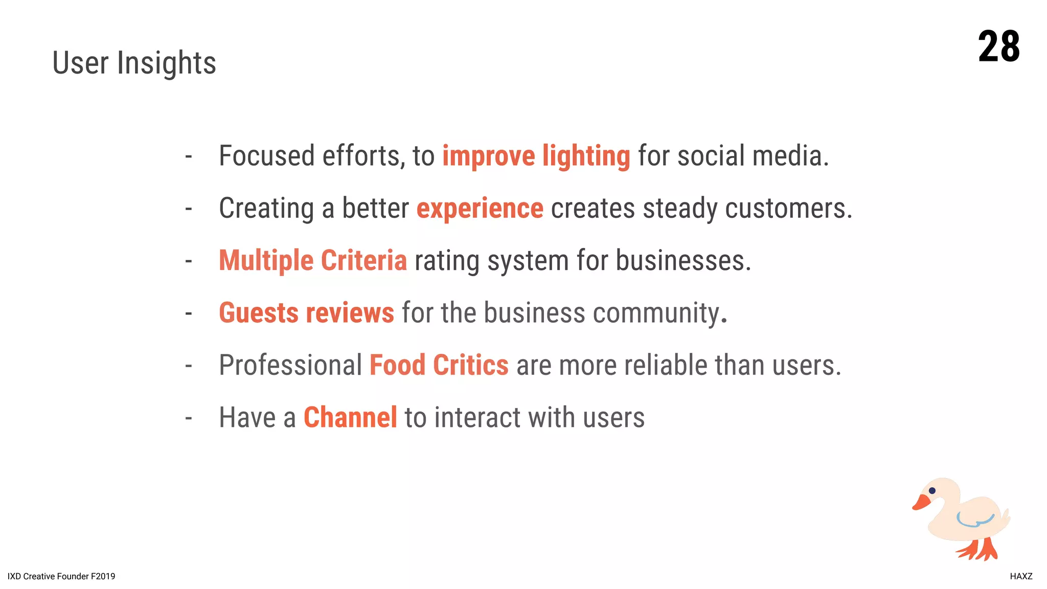 28
IXD Creative Founder F2019 HAXZ
User Insights
- Focused efforts, to improve lighting for social media.
- Creating a better experience creates steady customers.
- Multiple Criteria rating system for businesses.
- Guests reviews for the business community.
- Professional Food Critics are more reliable than users.
- Have a Channel to interact with users
 