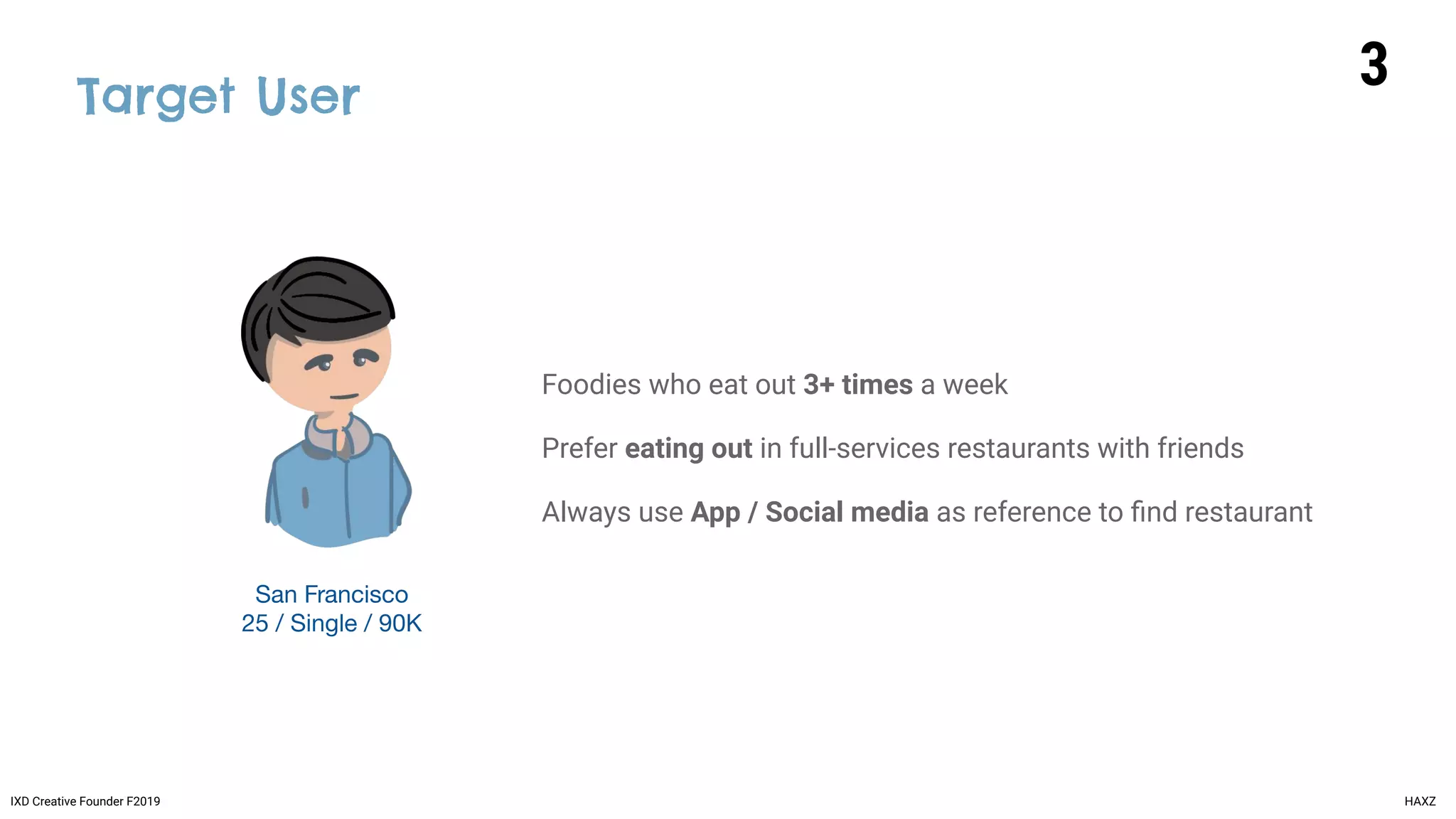 3
IXD Creative Founder F2019 HAXZ
Prefer eating out in full-services restaurants with friends
Always use App / Social media as reference to ﬁnd restaurant
Foodies who eat out 3+ times a week
Target User
San Francisco
25 / Single / 90K
 