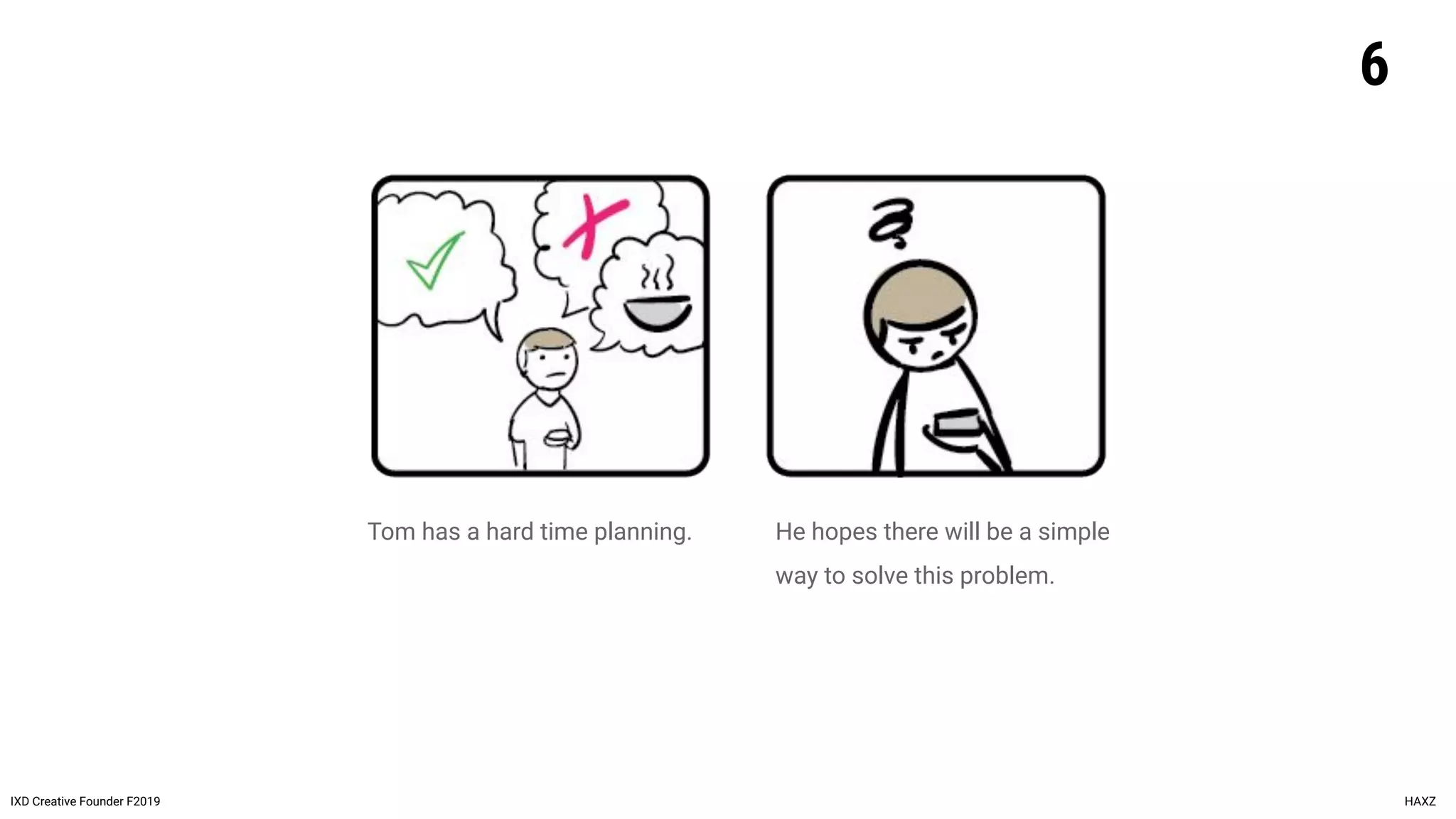 Tom has a hard time planning. He hopes there will be a simple
way to solve this problem.
6
IXD Creative Founder F2019 HAXZ
 