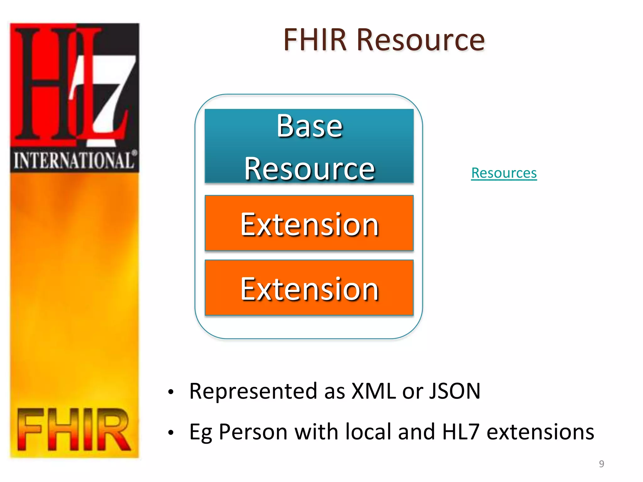 FHIR Resource

           Base
         Resource              Resources


        Extension
        Extension

•   Represented as XML or JSON
•   Eg Person with local and HL7 extensions
                                              9
 