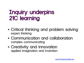 Inquiry underpins
21C learning
§  Critical thinking and problem solving
expert thinking
§  Communication and collaboration
complex communicating
§  Creativity and innovation
applied imagination and invention
www.21stcenturyskills.org
 
