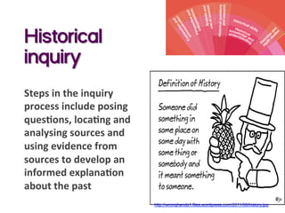 Historical
inquiry
http://wronghands1.files.wordpress.com/2011/08/history.jpg
Steps	
  in	
  the	
  inquiry	
  
process	
  include	
  posing	
  
ques3ons,	
  loca3ng	
  and	
  
analysing	
  sources	
  and	
  
using	
  evidence	
  from	
  
sources	
  to	
  develop	
  an	
  
informed	
  explana3on	
  
about	
  the	
  past	
  
	
  
 