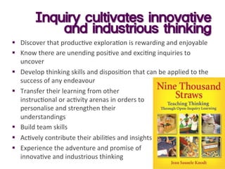 Inquiry cultivates innovative
and industrious thinking
§  Discover	
  that	
  produc:ve	
  explora:on	
  is	
  rewarding	
  and	
  enjoyable	
  
§  Know	
  there	
  are	
  unending	
  posi:ve	
  and	
  exci:ng	
  inquiries	
  to	
  
uncover	
  
§  Develop	
  thinking	
  skills	
  and	
  disposi:on	
  that	
  can	
  be	
  applied	
  to	
  the	
  
success	
  of	
  any	
  endeavour	
  
§  Transfer	
  their	
  learning	
  from	
  other	
  	
  
instruc:onal	
  or	
  ac:vity	
  arenas	
  in	
  orders	
  to	
  	
  
personalise	
  and	
  strengthen	
  their	
  	
  
understandings	
  
§  Build	
  team	
  skills	
  
§  Ac:vely	
  contribute	
  their	
  abili:es	
  and	
  insights	
  
§  Experience	
  the	
  adventure	
  and	
  promise	
  of	
  	
  
innova:ve	
  and	
  industrious	
  thinking	
  
 