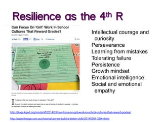 Resilience as the 4th R
http://blogs.kqed.org/mindshift/2014/03/can-focus-on-grit-work-in-school-cultures-that-reward-grades/
http://www.theage.com.au/victoria/can-we-build-a-better-child-20140301-33t4v.html
Intellectual courage and
curiosity
Perseverance
Learning from mistakes
Tolerating failure
Persistence
Growth mindset
Emotional intelligence
Social and emotional
empathy
 