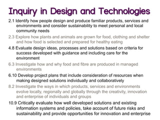 Inquiry in Design and Technologies
2.1 Identify how people design and produce familiar products, services and
environments and consider sustainability to meet personal and local
community needs
2.3 Explore how plants and animals are grown for food, clothing and shelter
and how food is selected and prepared for healthy eating
4.8 Evaluate design ideas, processes and solutions based on criteria for
success developed with guidance and including care for the
environment
6.3 Investigate how and why food and fibre are produced in managed
environments
6.10 Develop project plans that include consideration of resources when
making designed solutions individually and collaboratively
8.2 Investigate the ways in which products, services and environments
evolve locally, regionally and globally through the creativity, innovation
and enterprise of individuals and groups
10.9 Critically evaluate how well developed solutions and existing
information systems and policies, take account of future risks and
sustainability and provide opportunities for innovation and enterprise
 