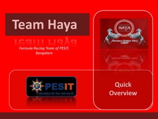 Team Haya
Formula Racing Team of PESIT,
         Bangalore




                                 Quick
                                Overview
 