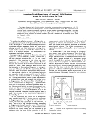 VOLUME 63, N U M B E R 25 PHYSICAL REVIEW LETTERS 18 DECEMBER 1989
Anomalous Weight Reduction on a Gyroscope's Right Rotations
around the Vertical Axis on the Earth
Hideo Hayasaka and Sakae Takeuchi
Department of Radiation Engineering, Faculty of Engineering, Tohoku University, Sendai 980, Japan
(Received 7 March 1988; revised manuscript received 9 August 1989)
The weight change of each of three spinning mechanical gyroscopes whose rotor's masses are 140, 175,
and 176 g has been measured during inertial rotations, without systematic errors. The experiments show
that the weight changes for rotations around the vertical axis are completely asymmetrical: The right
rotations (spin vector pointing downward) cause weight decreases of the order of milligrams (weight),
proportional to the frequency of rotation at 3000-13 000 rpm. However, the left rotations do not cause
any change in weight.
PACS numbers: 04.80.-fz
To confirm the reflection symmetry relating to the ro-
tational motion of objects in the gravitational field of the
Earth, the weight of each of three spinning mechanical
gyroscopes has been measured during left (spin vector
pointing upward) and right (spin vector pointing down-
ward) inertial rotations around the vertical axis by
means of a chemical balance. The experimental ap-
paratus and method are as follows.
Each gyroscope is composed of the stator, rotor, and
rigid frame. Rotors of 139.863, 174.882, and 175.504 g
are used, and their diameters are 5.2, 5.8, and 5.8 cm,
respectively. The materials of the rotors are brass,
aluminum, and silicon-steel. The dynamic balance,
which is the criterion of the maximum deviation of the
center of a rotor's mass associated with rotations, and
the fluctuation of the rotational frequency of each gyro-
scope are 0.3 mm/s and ±0.2%, respectively, for both
rotations. This means that the dynamic characteristic,
i.e., the synthetic criterion of the stabilities of spinning
and precession of each gyroscope, is the same for the two
rotations. An oscillator capable of switching polarities
and a voltage amplifier are used to change the frequency
of rotation of the rotor and to supply the driving power
to the gyroscope. The directions of the left and right ro-
tations are determined by the polarity. A phototachome-
ter is used to measure the frequency of rotation of the ro-
tor. The chemical balance is made of nonmagnetic ma-
terials, and the measurable range is 0 to 500 g with an
accuracy ± 0 . 3 mg. To exclude fluid eff'ects of air on the
rotating gyroscope, a vacuum container made of glass is
used. An overview of the experimental apparatus is
shown in Fig. 1.
The first experiment was carried out in the environ-
ment magnetic field of 0.35 G that is nearly totally due
to the geomagnetism. The degree of vacuum in the con-
tainer containing the gyroscope is kept between 1.3
xlO~^ and 1.3x10^ Pa. The electric power is supplied
to the gyroscope through superfine wires. The rotational
frequency of the rotor is brought to the desired value by
increasing the supply voltage and the frequency of the
oscillator under the same driving condition for all the
measurements. After the desired value of the rotational
frequency is attained, the electrical circuit is opened.
Then the weight of the rotating gyroscope is measured
under inertial rotation. The weight measurements are
repeatedly carried out, 10 times, for a given frequency of
rotation.
As shown in Fig. 2, the right rotations of each gyro-
scope always cause weight decreases of the order of mil-
ligrams, proportional to the frequency of rotation. The
weight reduction occurs for both normal and reverse atti-
tudes. Here, reverse attitude of a gyroscope means
merely its upside-down attitude without change of the
states of the other equipment and the environment con-
sidered. Right rotation means the spin vector pointing
downward for both the normal and the upside-down atti-
tudes. On the other hand, the left rotations of each
gyroscope yield zero weight change for all frequencies of
rotation and both attitudes, within the accuracy of the
chemical balance. The weight changes for both rotations
vaccum container
FIG. 1. Overview of the experimental apparatus including
the chemical balance.
© 1989 The American Physical Society 2701
 