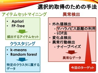 選択的取得のための手法
• 外れ値検出
- マハラノビス距離の利用
- LOF法
• 変化点検出
• 異常行動検出
- ナイーブベイズ
今回のターゲット
11
• k-means
• Random forest
• Apriori
• FP-Tree
アイテムセットマイニング
クラスタリング
異常検出
頻出するアイテムセット
特定のクラスタに属する
データ
異常なデータ
 