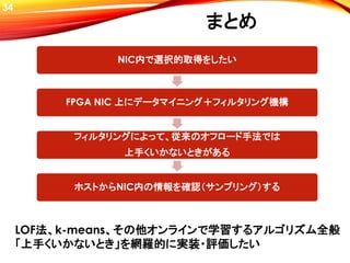 34
まとめ
NIC内で選択的取得をしたい
FPGA NIC 上にデータマイニング＋フィルタリング機構
フィルタリングによって、従来のオフロード手法では
上手くいかないときがある
ホストからNIC内の情報を確認（サンプリング）する
LOF法、k-means、その他オンラインで学習するアルゴリズム全般
「上手くいかないとき」を網羅的に実装・評価したい
 