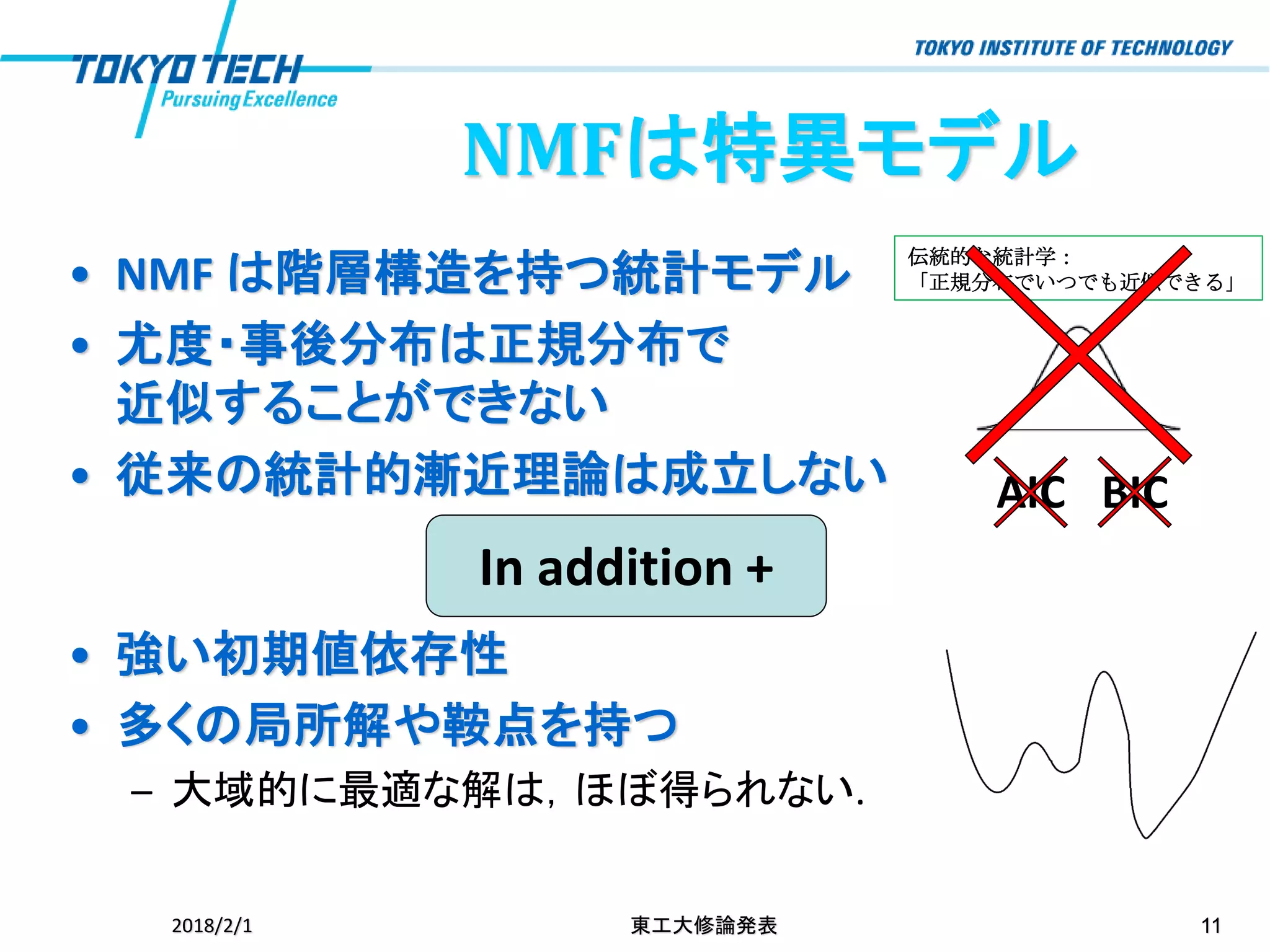 伝統的な統計学：
「正規分布でいつでも近似できる」• NMF は階層構造を持つ統計モデル
• 尤度・事後分布は正規分布で
近似することができない
• 従来の統計的漸近理論は成立しない
2018/2/1 東工大修論発表 11
• 強い初期値依存性
• 多くの局所解や鞍点を持つ
– 大域的に最適な解は，ほぼ得られない.
In addition +
AIC BIC
NMFは特異モデル
 