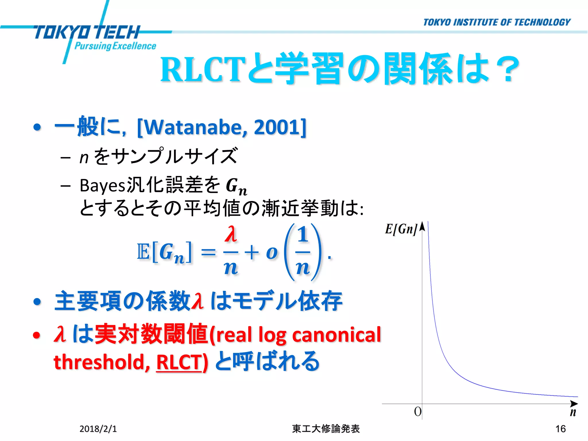 • 一般に，[Watanabe, 2001]
– n をサンプルサイズ
– Bayes汎化誤差を 𝑮 𝒏
とするとその平均値の漸近挙動は:
𝔼 𝑮 𝒏 =
𝝀
𝒏
+ 𝒐
𝟏
𝒏
.
• 主要項の係数𝝀 はモデル依存
• 𝝀 は実対数閾値(real log canonical
threshold, RLCT) と呼ばれる
2018/2/1 東工大修論発表 16
RLCTと学習の関係は？
 