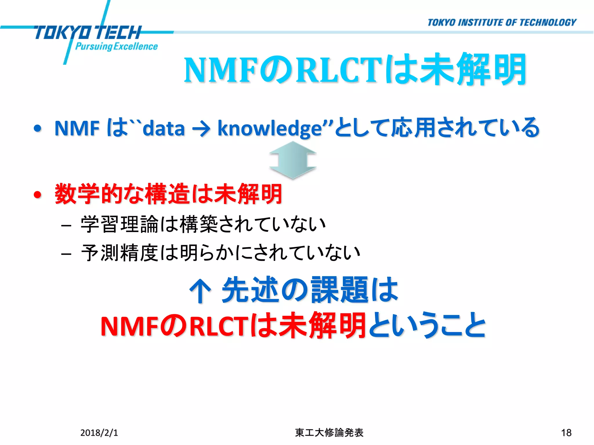 NMFのRLCTは未解明
• NMF は``data → knowledge’’として応用されている
• 数学的な構造は未解明
– 学習理論は構築されていない
– 予測精度は明らかにされていない
↑ 先述の課題は
NMFのRLCTは未解明ということ
2018/2/1 東工大修論発表 18
 