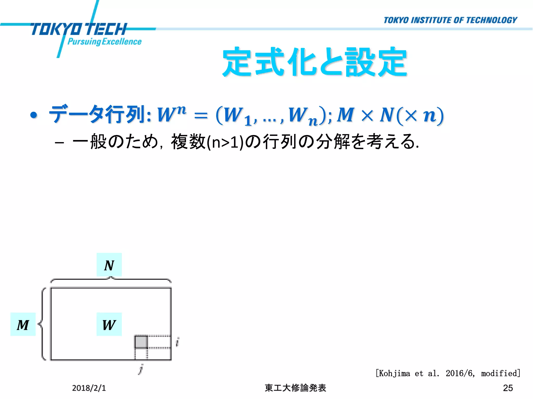 定式化と設定
• データ行列: 𝑾 𝒏 = 𝑾 𝟏, … , 𝑾 𝒏 ; 𝑴 × 𝑵(× 𝒏)
– 一般のため，複数(n>1)の行列の分解を考える.
2018/2/1 東工大修論発表 25
[Kohjima et al. 2016/6, modified]
𝑾𝑴
𝑵
 