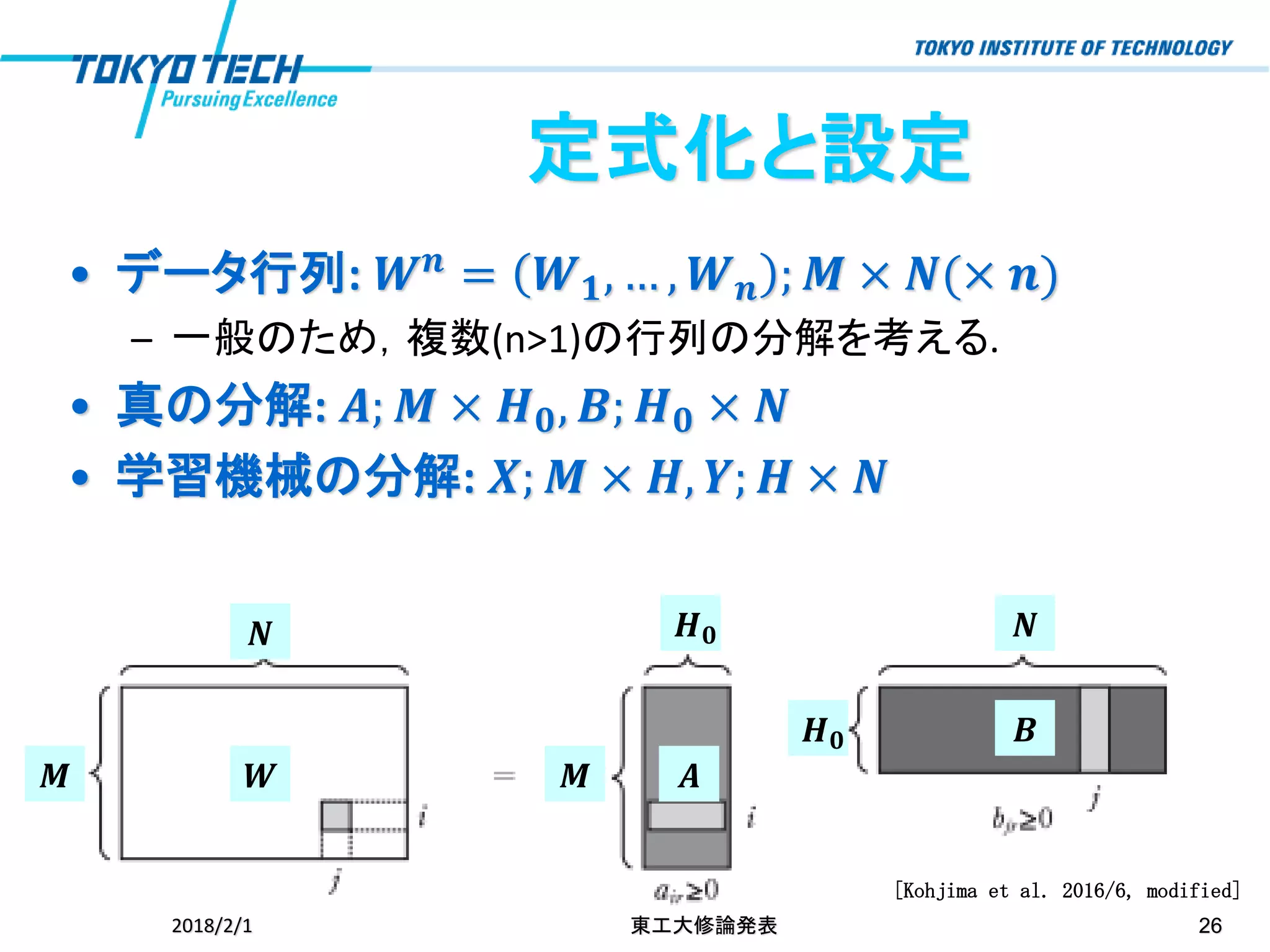 定式化と設定
• データ行列: 𝑾 𝒏 = 𝑾 𝟏, … , 𝑾 𝒏 ; 𝑴 × 𝑵(× 𝒏)
– 一般のため，複数(n>1)の行列の分解を考える.
• 真の分解: 𝑨; 𝑴 × 𝑯 𝟎, 𝑩; 𝑯 𝟎 × 𝑵
• 学習機械の分解: 𝑿; 𝑴 × 𝑯, 𝒀; 𝑯 × 𝑵
2018/2/1 東工大修論発表 26
[Kohjima et al. 2016/6, modified]
𝑾𝑴
𝑵 𝑯 𝟎 𝑵
𝑯 𝟎
𝑴 𝑨
𝑩
 