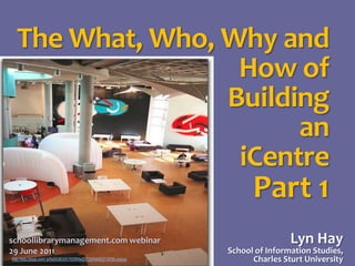 The What, Who, Why and How of Building an iCentre Part 1 Lyn HaySchool of Information Studies,Charles Sturt University schoollibrarymanagement.com webinar29 June 2011 http://edu.blogs.com/.a/6a00d83451f00f69e20133f4d06221970b-popup 