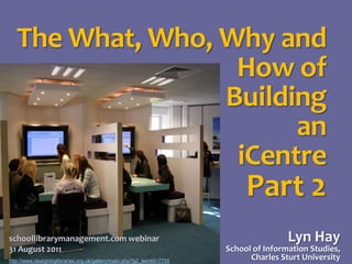The What, Who, Why and How of Building an iCentre Part 2 Lyn HaySchool of Information Studies,Charles Sturt University schoollibrarymanagement.com webinar31 August 2011 http://www.designinglibraries.org.uk/gallery/main.php?g2_itemId=7755 
