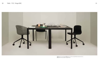 20 21
AAC24 (grey chair with wheels), AAC16 (black chair with four legs), T12 (black table 160 X 80 cm),
AAC15 (black chair with wheels, Hallingdal fabric)
Table / T12 / Design HAY
 