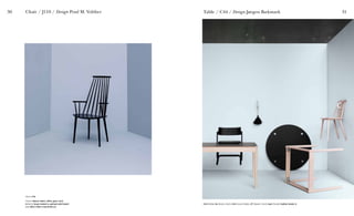 30 31Table / C44 / Design Jørgen Bækmark
C44 (table), Ru (black chair), C44 (round table), J77 (beech chair), Gym (hook), Feather Duster S
Chair J110
Colour Nature, black, white, grey, coral
Material Soap treated or painted solid beech
Size W53 X D60 X H44,5/106 cm
Chair / J110 / Design Poul M. Volther
 