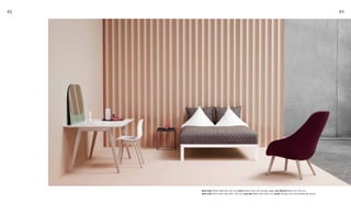 82 83
Bella Desk (white table 180 X 90 cm), AAC12 (white chair with wooden legs), Tray Table M (black 40 X 40 cm),
Wave Quilt (short bed cover 220 X 140 cm), Loop Bed (white 140 X 200 cm), AAL92 (lounge chair Divina Mélange fabric)
 